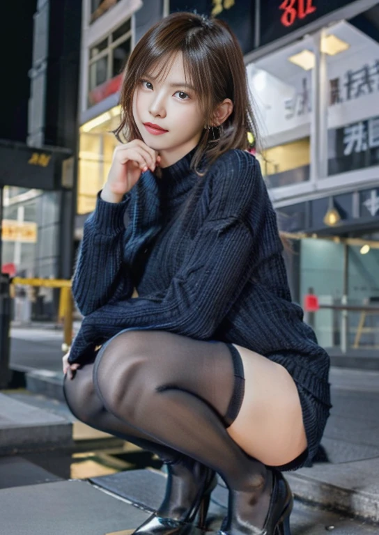 Photos taken by a professional photographer,Close-up of a woman squatting on the sidewalk with her legs crossed, Kiko Mizuhara, Wear a sweater, Shirahime cuts her brown hair, Wear a sweater, Young and pretty woman, Japanese Model, 白いWear a sweater, Chiho, ランダムカラーのカジュアルなWear a sweater,Cute eyed waves for short hair, a Cute young woman, Cute young woman, Black Pantyhose,black tights,Black high heels,
