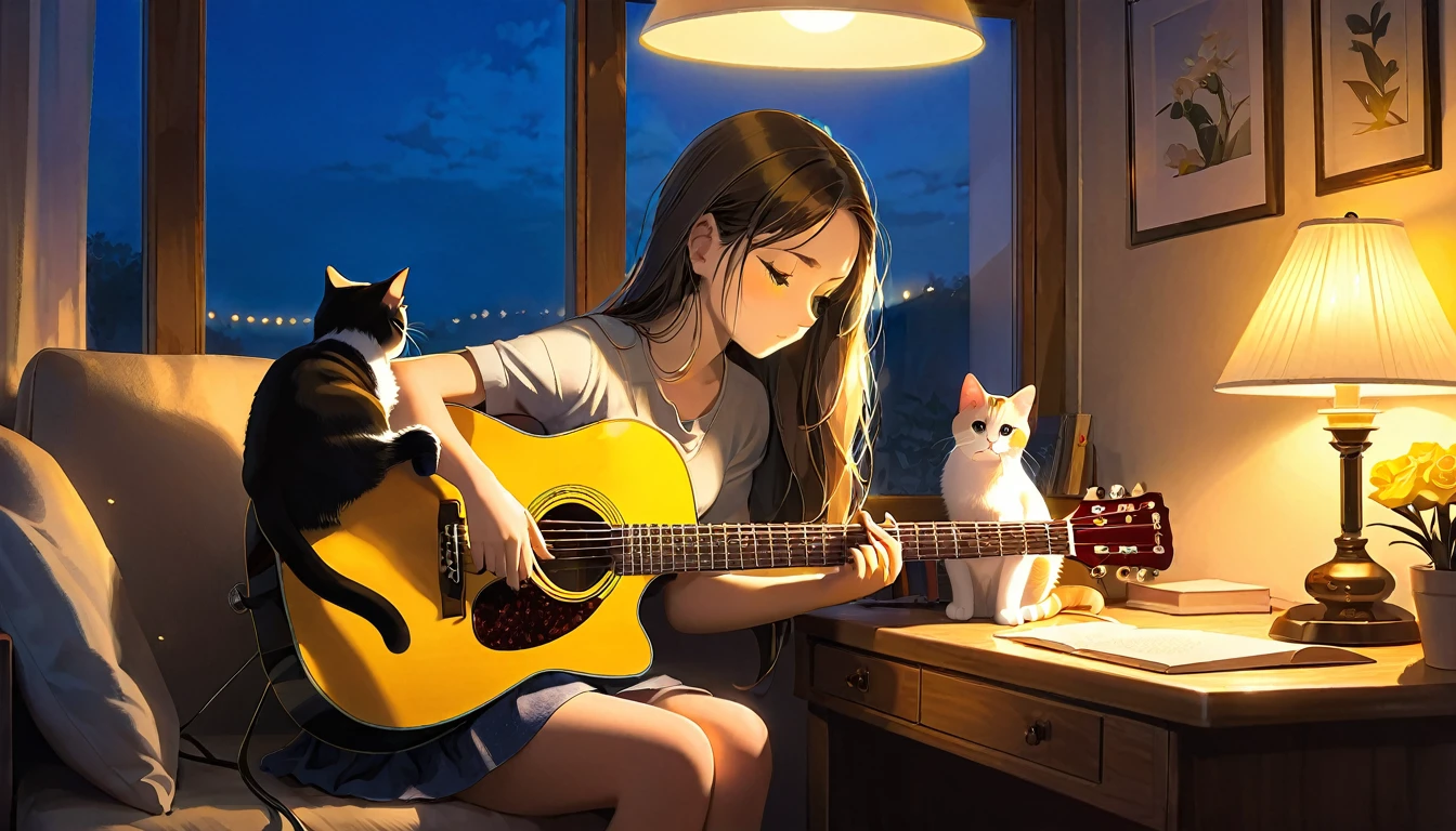 A dusk,
A girl sits in a cozy corner, guitar in tow.
The soft yellow light of a desk lamp illuminates her thoughtful expression, revealing deep concentration and a calm posture.
Her gentle gaze is comforting.
It adds to the quiet evening atmosphere, creating a peaceful and tranquil look,with cat.
