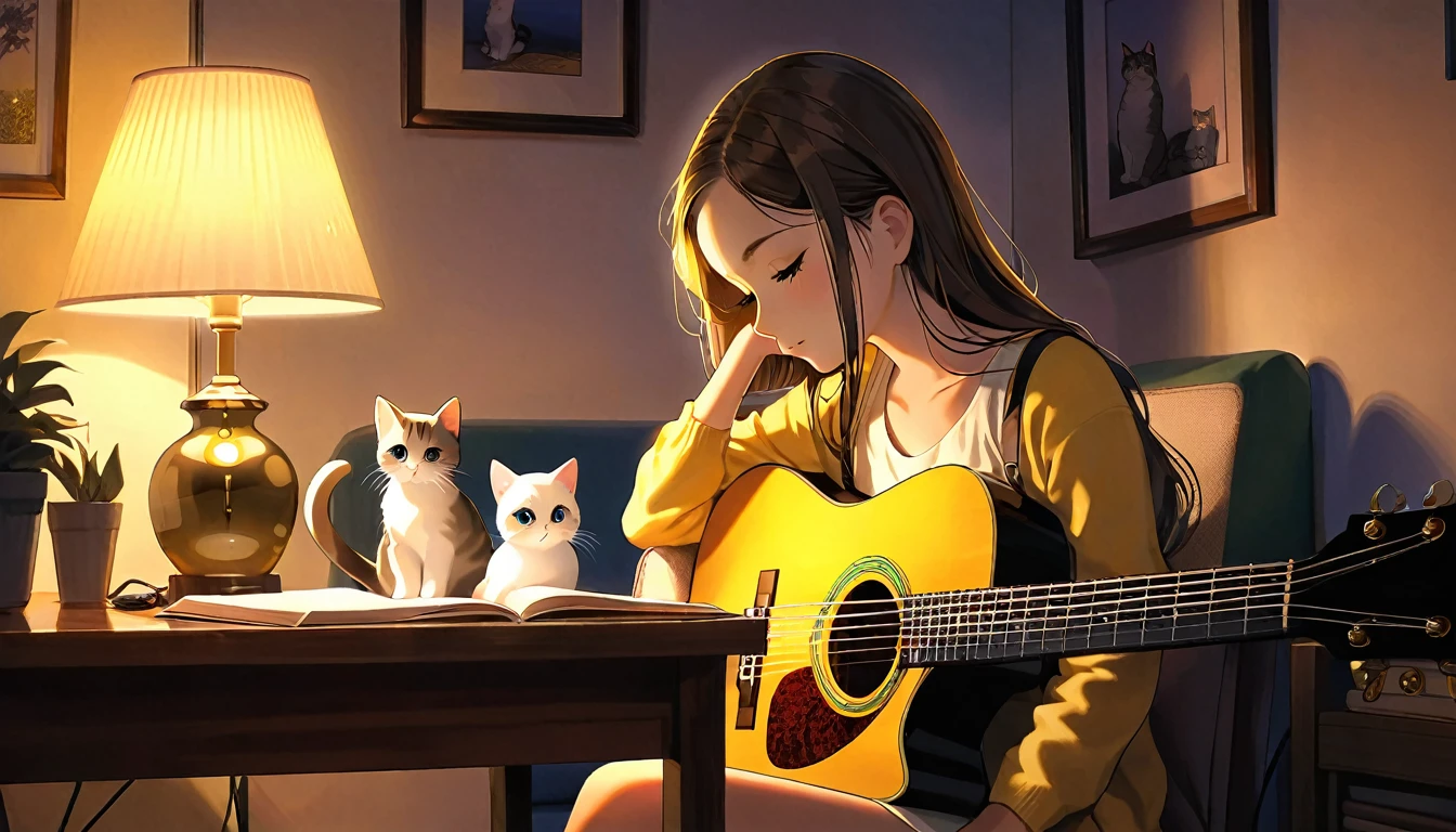 A dusk,
A girl sits in a cozy corner, guitar in tow.
The soft yellow light of a desk lamp illuminates her thoughtful expression, revealing deep concentration and a calm posture.
Her gentle gaze is comforting.
It adds to the quiet evening atmosphere, creating a peaceful and tranquil look,with cat.