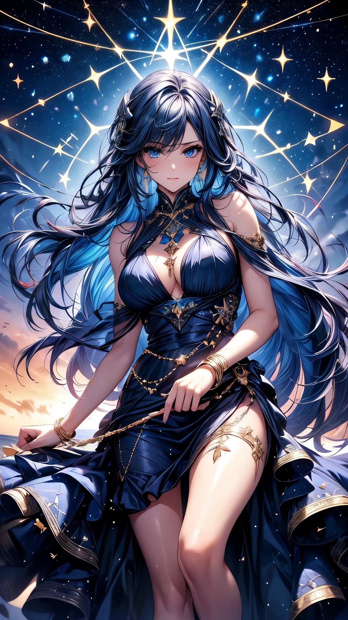 ( absurd , high quality , Super detailed, Be careful with your hands )Constellation-Sagittarius Goddess , similar to latin goodness . optimistic, fair, Funny and intelligent face . reckless, ruthless, impatient, Overconfident style . Deep blue eyes (Eye details) , Dark blue hair,shining , Sheer dress , In the starry sea , whole body , Fire , Chiron