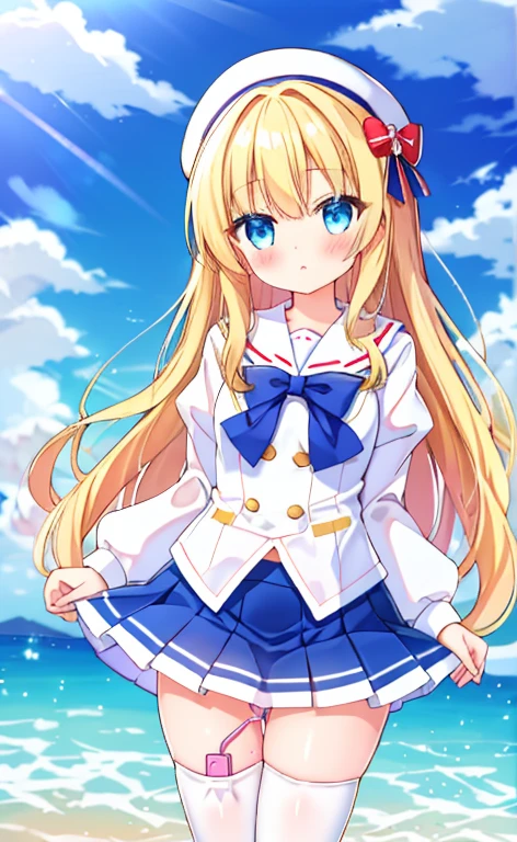 Beautiful long blonde hair Shyness blue eyes Watery eye White Girl in a sailor suit Pleated skirt mini skirt vibrator in thighhighs thighvibe Hold your crotch with both hands