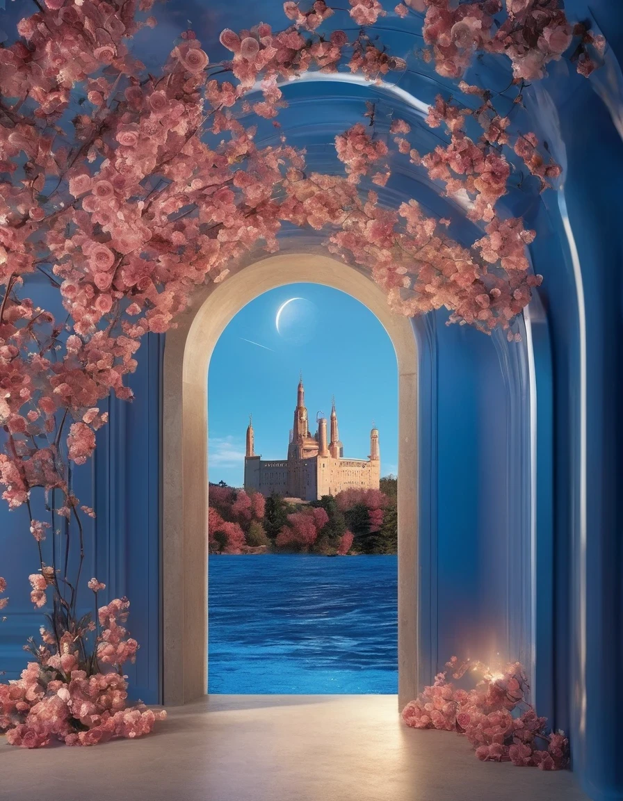 surrealism art style of (The only rose dream castle on the cliff), (Minimalist composition), (Dream castle in the blue cloud with the reflection of trees and water),Photography,by Peter Zumthor,by Zaha Hadid,by Antoni Gaudi,by Frank Gehry,Dreamy Atmosphere,high detail,hyper quality,high resolution,trending on artstation,surrealism,16K,Virgo, ♍︎,Cancer, ♋︎,Pisces, ♓︎,Egyptian Faience,Installation Art,Lath Art,Land Art,Light Painting,telephoto lens,Bottom view,beautiful lighting,