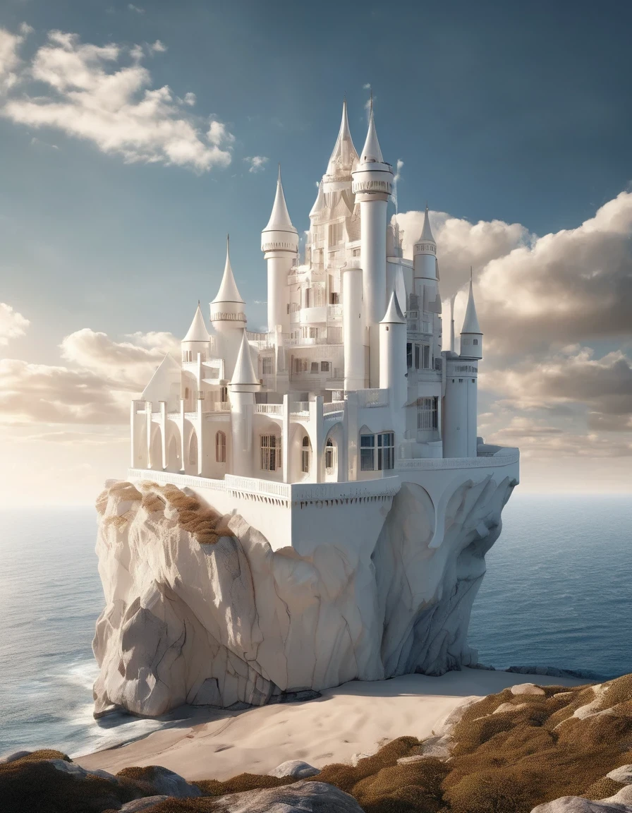 surrealism art style of (The only white dream castle on the cliffs),(minimalist composition), clouds, (surrealism),(clean background),(Cinema4D rendering style),(high resolution photography),(fantasy),(minimalist sculpture art installation).,by Peter Zumthor,by Zaha Hadid,by Antoni Gaudi,by Frank Gehry,Dreamy Atmosphere,Romantic Atmosphere,high detail,hyper quality,high resolution,trending on artstation,surrealism,16K,Virgo, ♍︎,Cancer, ♋︎,Pisces, ♓︎,long shot,Split Lighting,