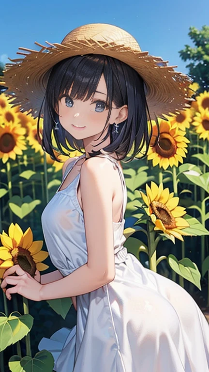 ((highest quality)), ((masterpiece)), (Very detailed), (Very high resolution), 4k, Anime 2D Rendering, Realistic,
One Girl:1.5,
BREAK Symmetrical Face:1.4, Perfect Face, Beautiful clavicle, Beautiful fingers, Beautiful breasts, (Slightly smaller chest),
Beautiful body, Beautiful thighs, Beautiful feet, Perfect round butt, (Detailed skin), Beautiful white skin:1.5, Shiny skin:1.4,
BREAK Baby Face, cute, 18-year-old,
Double eyelids, Natural eyebrows,
(Slanted Eyes), Beautiful and delicate eyes, Sparkling eyes, (Dark blue eyes),
Glossy mouth,
BREAK Beautiful Hair, Shiny Hair, Hair fluttering, bangs, (Blonde), Long Straight Hair:1.5,
BREAK
(White sleeveless dress:1.4)、(White mule), ((Straw hat)), Earrings、Silver Necklace、
BREAK
(cheerful, enjoy), Cowboy Shot, sunlight, ((blue sky, Sunflower field))