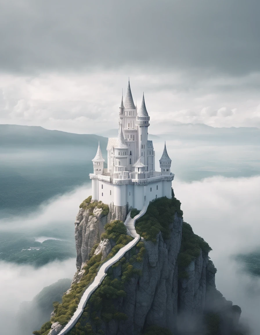 (A white dream castle on a high cliff face), (Minimalist composition), (Cloudy, rainy,)
Large distant view, (surrealism), (clean background), (Cinema4D rendering style), (high resolution photography), (high resolution photography), (high resolution photography).