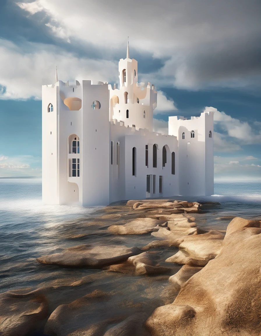 surrealism art style of (The only white dream castle on the cliffs),(minimalist composition), clouds, (surrealism),(clean background),(Cinema4D rendering style),(high resolution photography),(fantasy),(minimalist sculpture art installation).,by Peter Zumthor,by Zaha Hadid,by Antoni Gaudi,by Frank Gehry,Dreamy Atmosphere,Romantic Atmosphere,high detail,hyper quality,high resolution,trending on artstation,surrealism,16K,Virgo, ♍︎,Cancer, ♋︎,Pisces, ♓︎,long shot,Split Lighting,