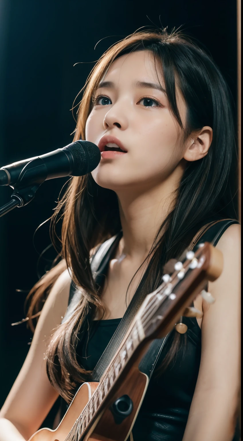 So cute like an idol,One Girl, Portraiture, 全裸inギター, Full body portrait,Natural light, Accurate, Anatomically correct, Textured skin, front lighting, f/1.0mm, fujifilm G FUX 50R, Regina Display, Super Detail, 細部まinこだわった, high quality, 最high quality, High resolution, Hmph, 1080p, hard disk, 4K, 8k, Wavy Hair, Guitar Heroine, Let's Rock, Solo singer,(look up_in_Audience:1.2),
