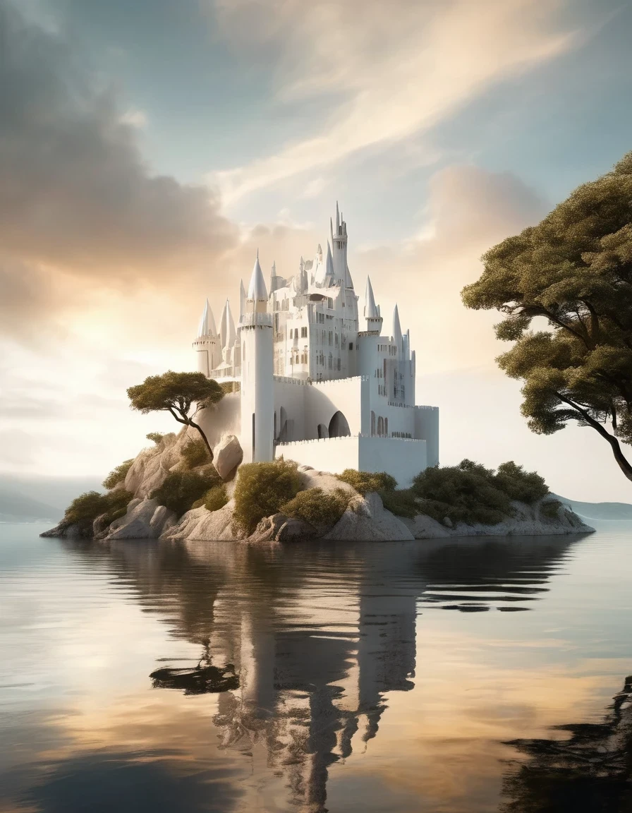 (The only white dream castle on the cliffs),(minimalist composition), clouds, dream castle with trees and water reflections),(surrealism),(clean background),(Cinema4D rendering style),(high resolution photography),(fantasy),(minimalist sculpture art installation).,by Peter Zumthor,by Zaha Hadid,by Antoni Gaudi,by Frank Gehry,Dreamy Atmosphere,Romantic Atmosphere,long shot,Split Lighting,