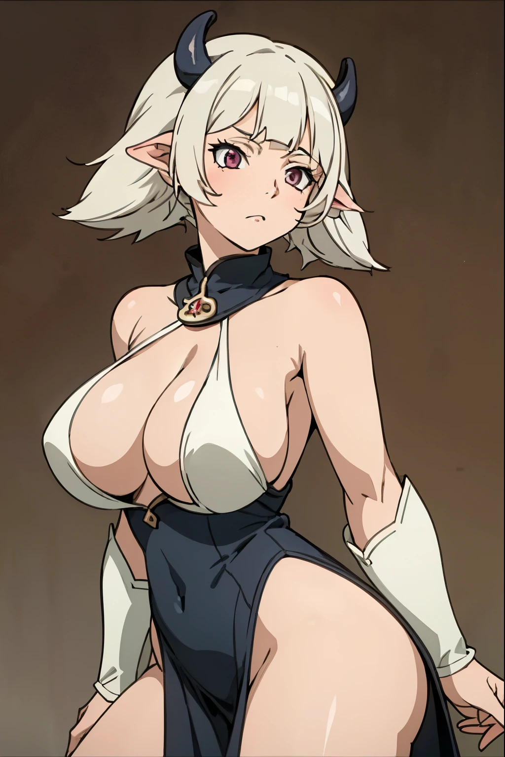 a girl, ((cute goat ear)), ((goat horn, )), heavy busty, white skin, sheep, white hair, pin up ,pinup hair,  medieval clothes,  medieval background