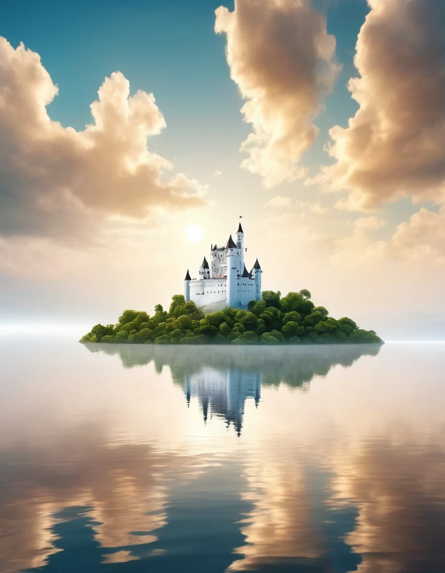 (The Only White Dream Castle on a Cliff), (Minimalist Composition), (Dream Castle in Clouds with Trees and Water Reflections), (Surrealism), (Clean Background), (Cinema4D Rendering Style), (High Resolution Photography), (Dreamy), (Minimalist Sculptural Art Installation).