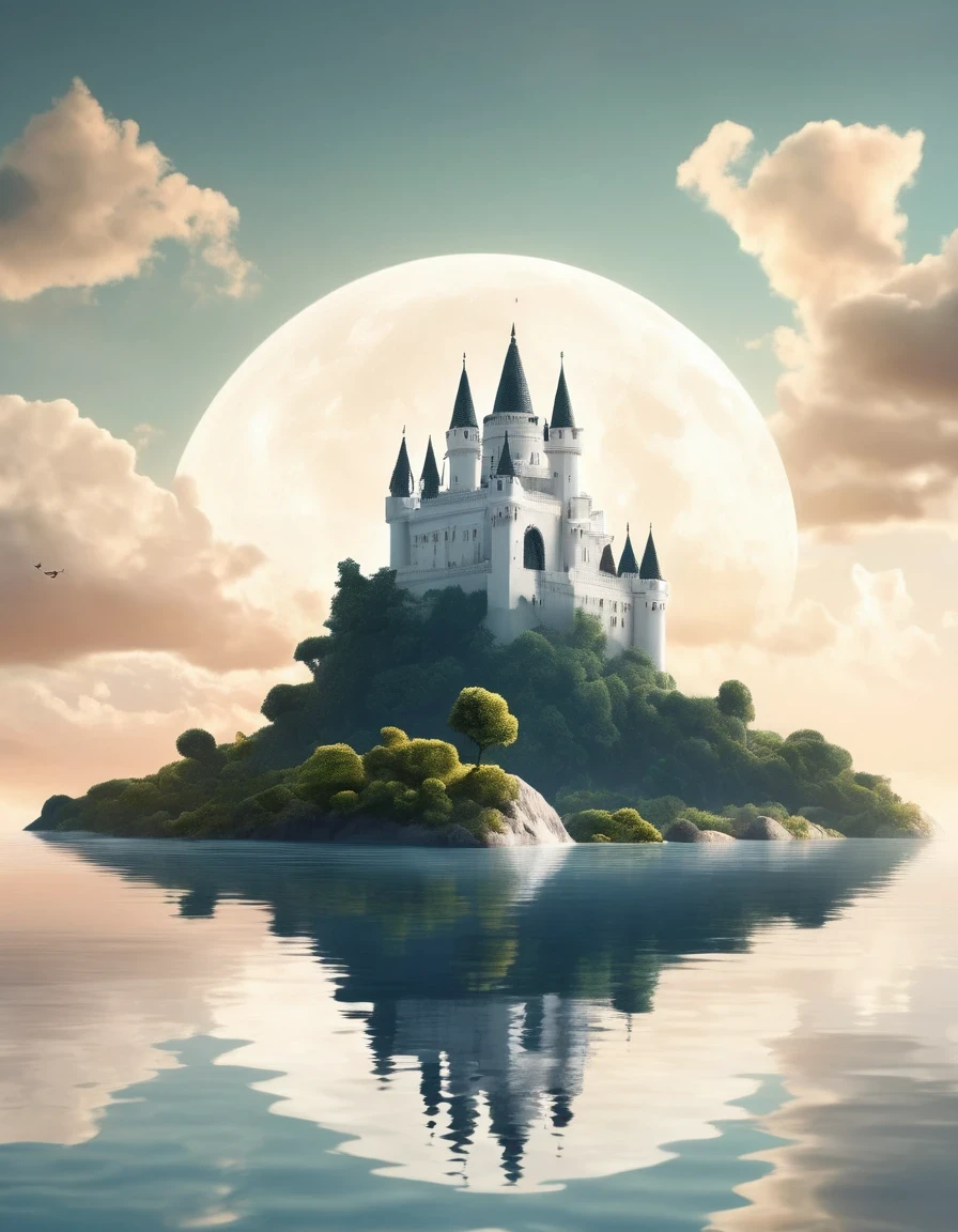 (The Only White Dream Castle on a Cliff), (Minimalist Composition), (Dream Castle in Clouds with Trees and Water Reflections), (Surrealism), (Clean Background), (Cinema4D Rendering Style), (High Resolution Photography), (Dreamy), (Minimalist Sculptural Art Installation).