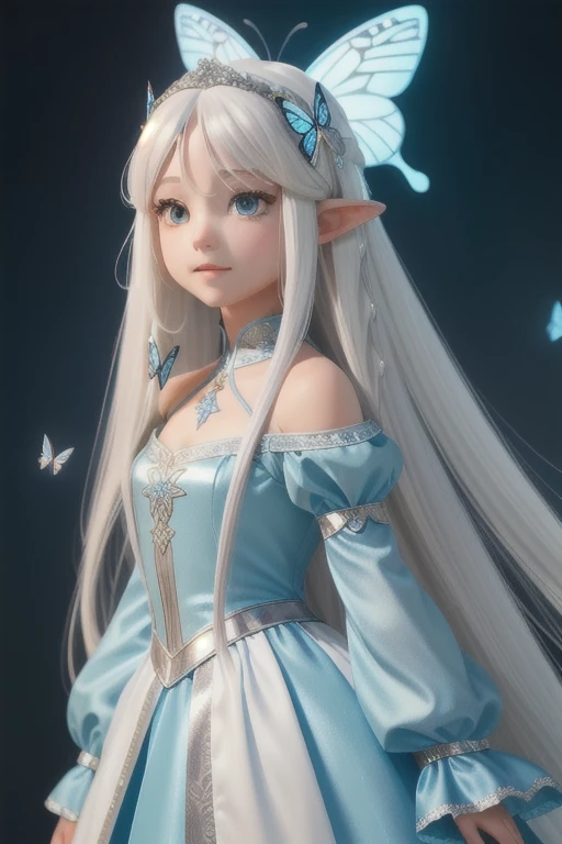 "((1 girl), (Long white hair + Silver Hair: 1.2), ( + beautiful clothes), Beautiful and perfect, A woman in a blue dress、Close-up of a young girl with long white hair and a butterfly on her head,Fairy fantasy costumes, Clothing with blue accents, Full of fairy, , Fantasy style costumes, High Fashion Fantasy, Dreamy dress, Fairy有翅膀, high class boutique,Fairy, high resolution, See the whole body, Face perspective, Close Perspective."