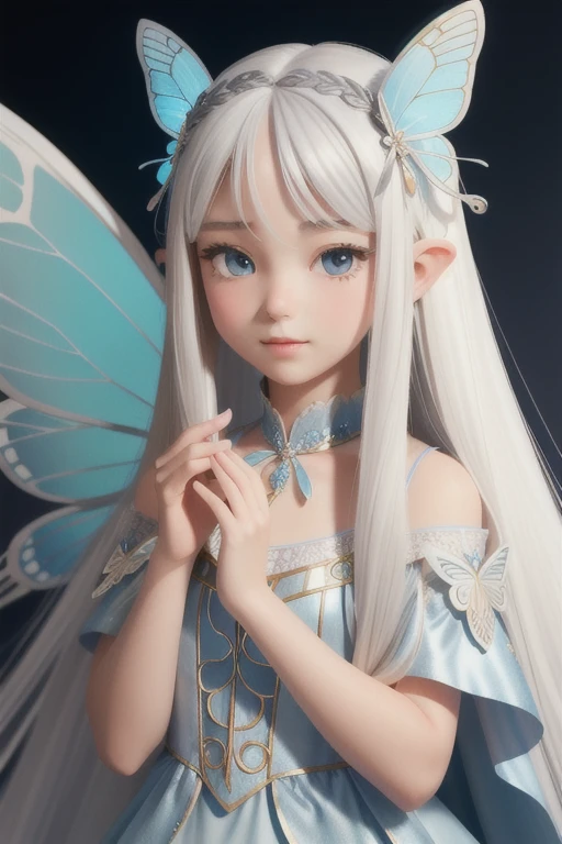 "((1 girl), (Long white hair + Silver Hair: 1.2), ( + beautiful clothes), Beautiful and perfect, A woman in a blue dress、Close-up of a young girl with long white hair and a butterfly on her head,Fairy fantasy costumes, Clothing with blue accents, Full of fairy, , Fantasy style costumes, High Fashion Fantasy, Dreamy dress, Fairy有翅膀, high class boutique,Fairy, high resolution, See the whole body, Face perspective, Close Perspective."