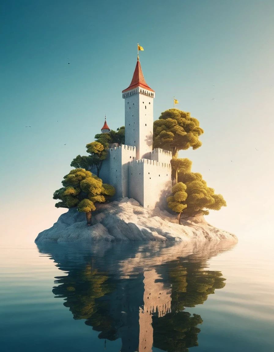 (White Dream Castle on Cliff), (Minimal Composition), (Dream Castle with Trees and Water Reflections), (Surrealism), (Clean Background), (Cinema4D Rendering Style), (High Resolution Photography), (Dreamy), (Minimal Sculptural Art Installation).