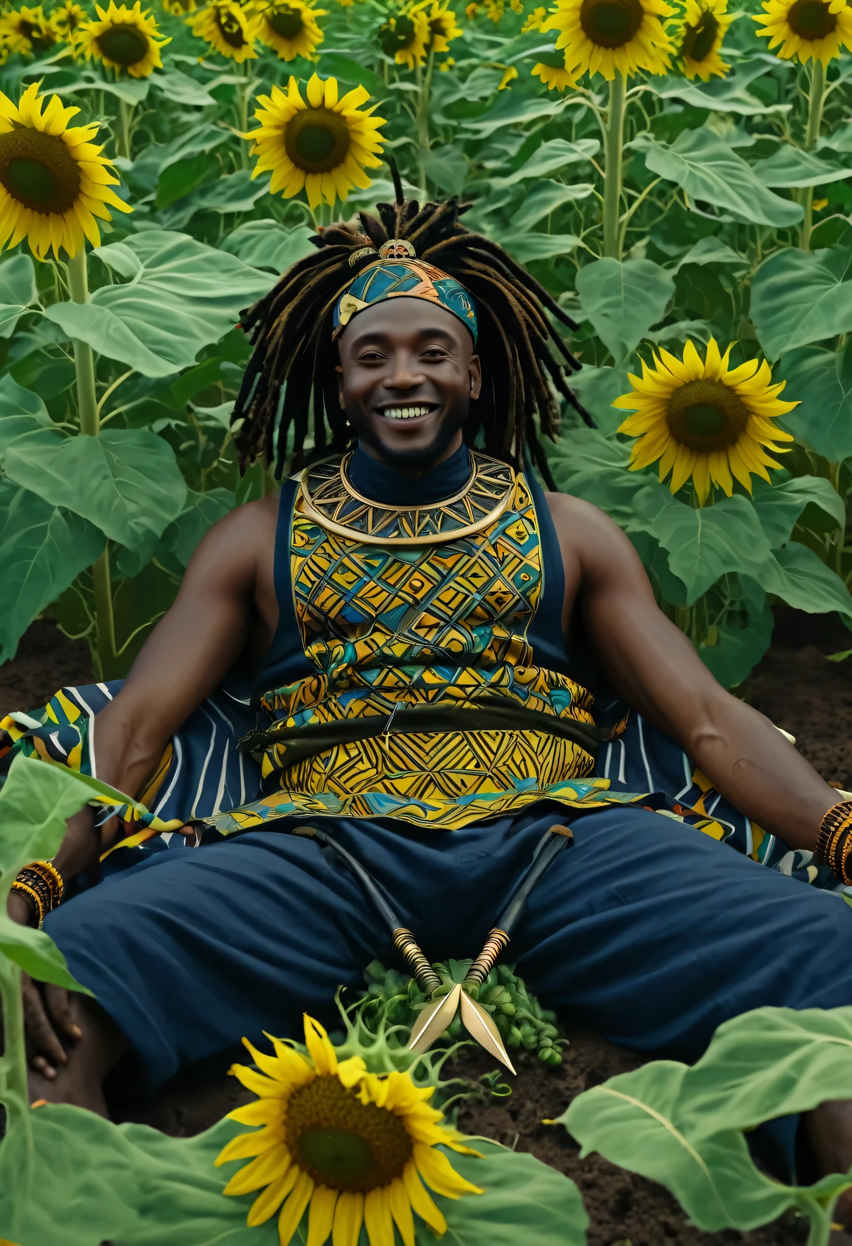 A black man with dreadlocks lying in a sunflower garden, African gods in the sky looking at man and smiling. African clothes, an African god with a bow and arrow. Afrofuturism, afrofuturism fashion atmospheric perspective, 8k, super detail, accurate, best quality, many african gods in the sky, tribal clothes