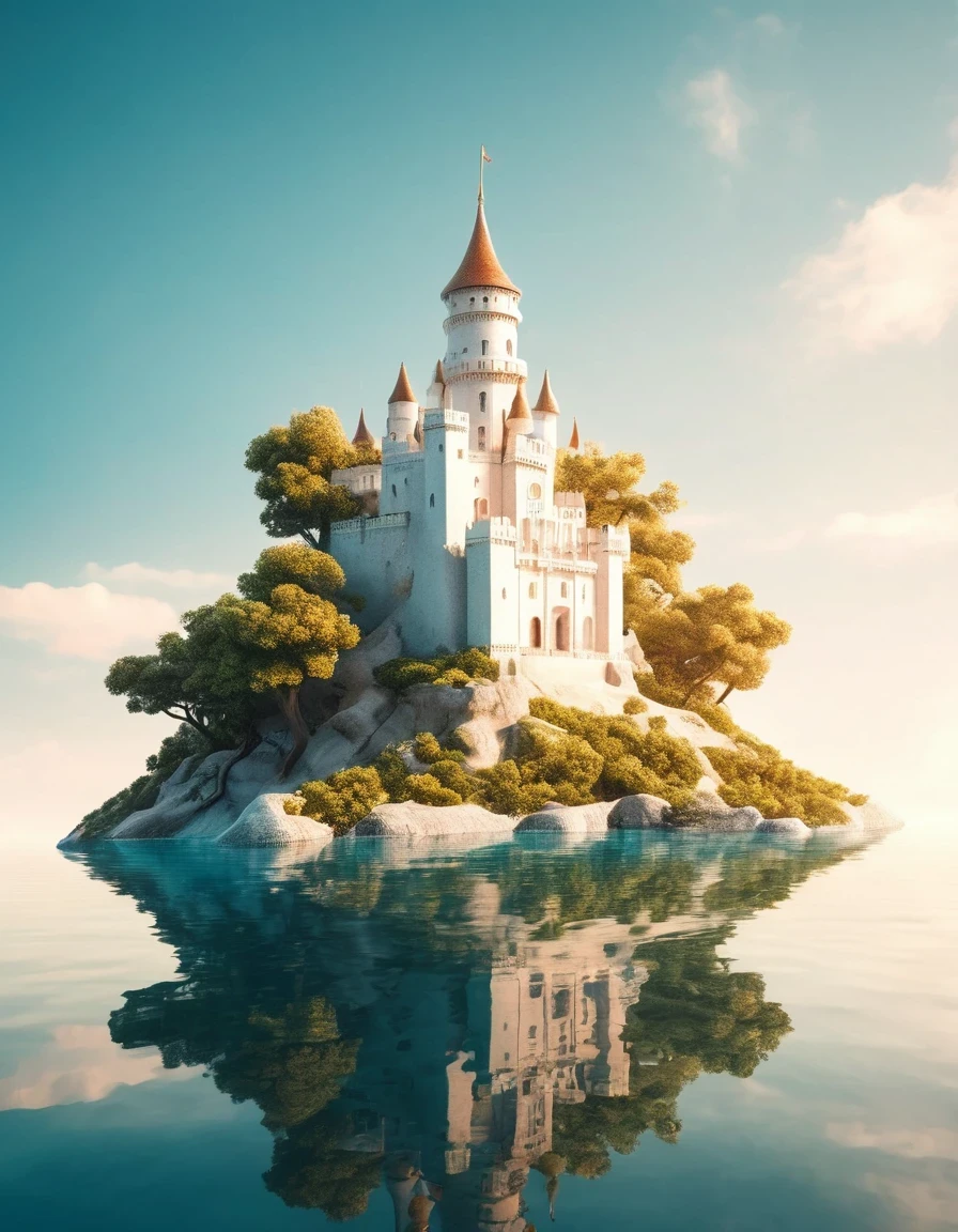 (White Dream Castle on Cliff), (Minimal Composition), (Dream Castle with Trees and Water Reflections), (Surrealism), (Clean Background), (Cinema4D Rendering Style), (High Resolution Photography), (Dreamy), (Minimal Sculptural Art Installation).