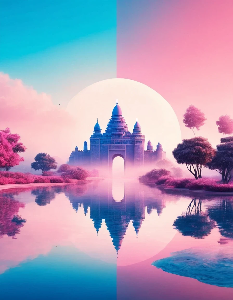 (dream castle),(minimalist composition),Chinese style Egyptian Horus Eye fantasy castle，(blue and pink dream castle),(dream castle with trees and water reflection),(surrealistic),(clean background),(Cinema4D rendering style),(high-resolution photography),(dreamy),(minimalist sculpture art installation)