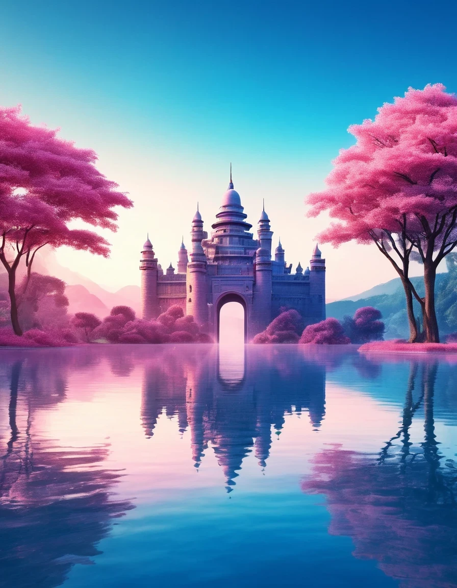 (dream castle),(minimalist composition),Chinese style Egyptian Horus Eye fantasy castle，(blue and pink dream castle),(dream castle with trees and water reflection),(surrealistic),(clean background),(Cinema4D rendering style),(high-resolution photography),(dreamy),(minimalist sculpture art installation)