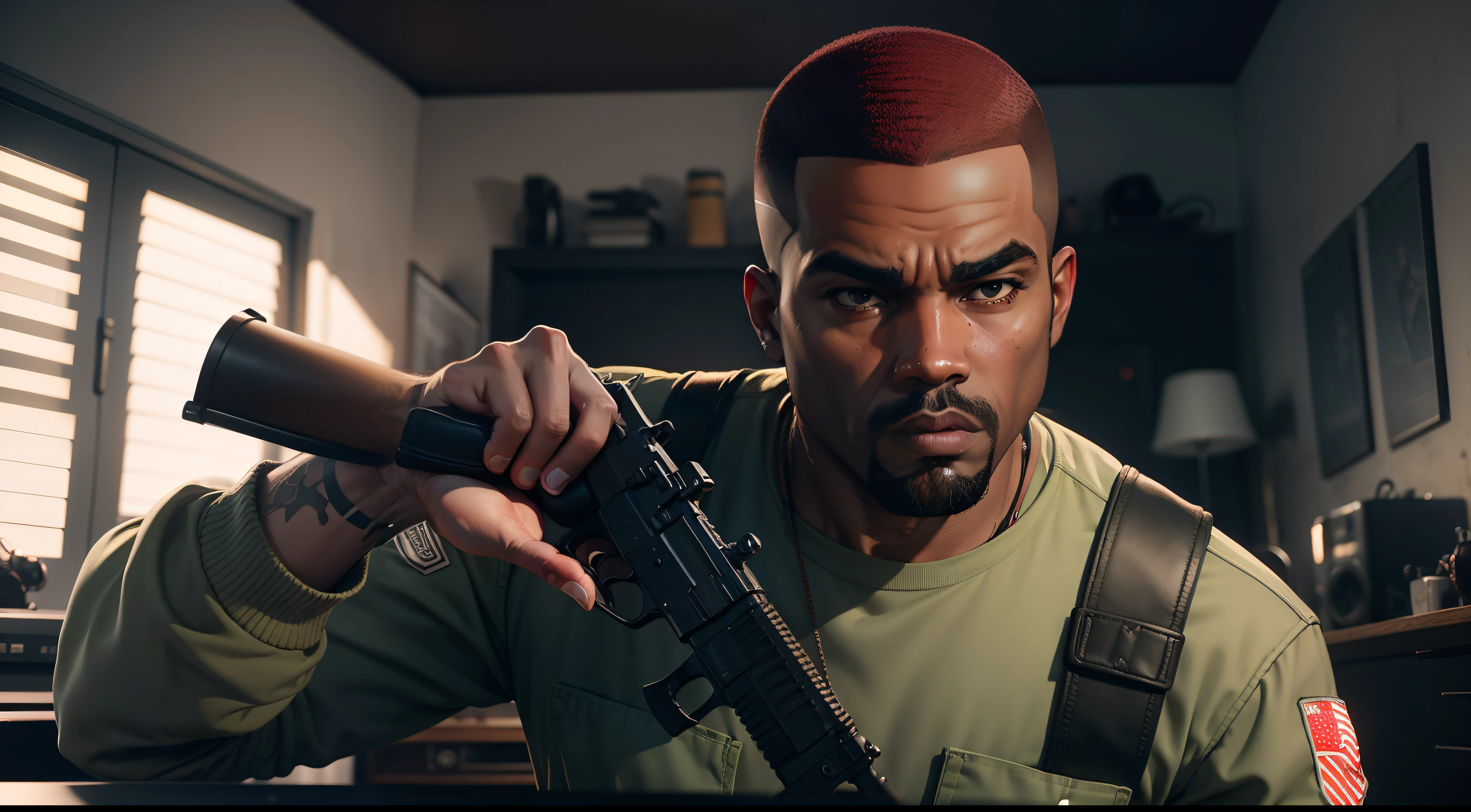 Man in army clothes, gta personagem, Como o protagonista de GTA 5, Estilo GTA V, como um personagem de gtav, corte de cabelo red,cabelo red,Kanye West em GTA V, Estilo GTA5, gta v personagem, empunhando fuzil de assalto,rifle in hand ,fuzil AK-47 ,gta 5 tom de pele negro,