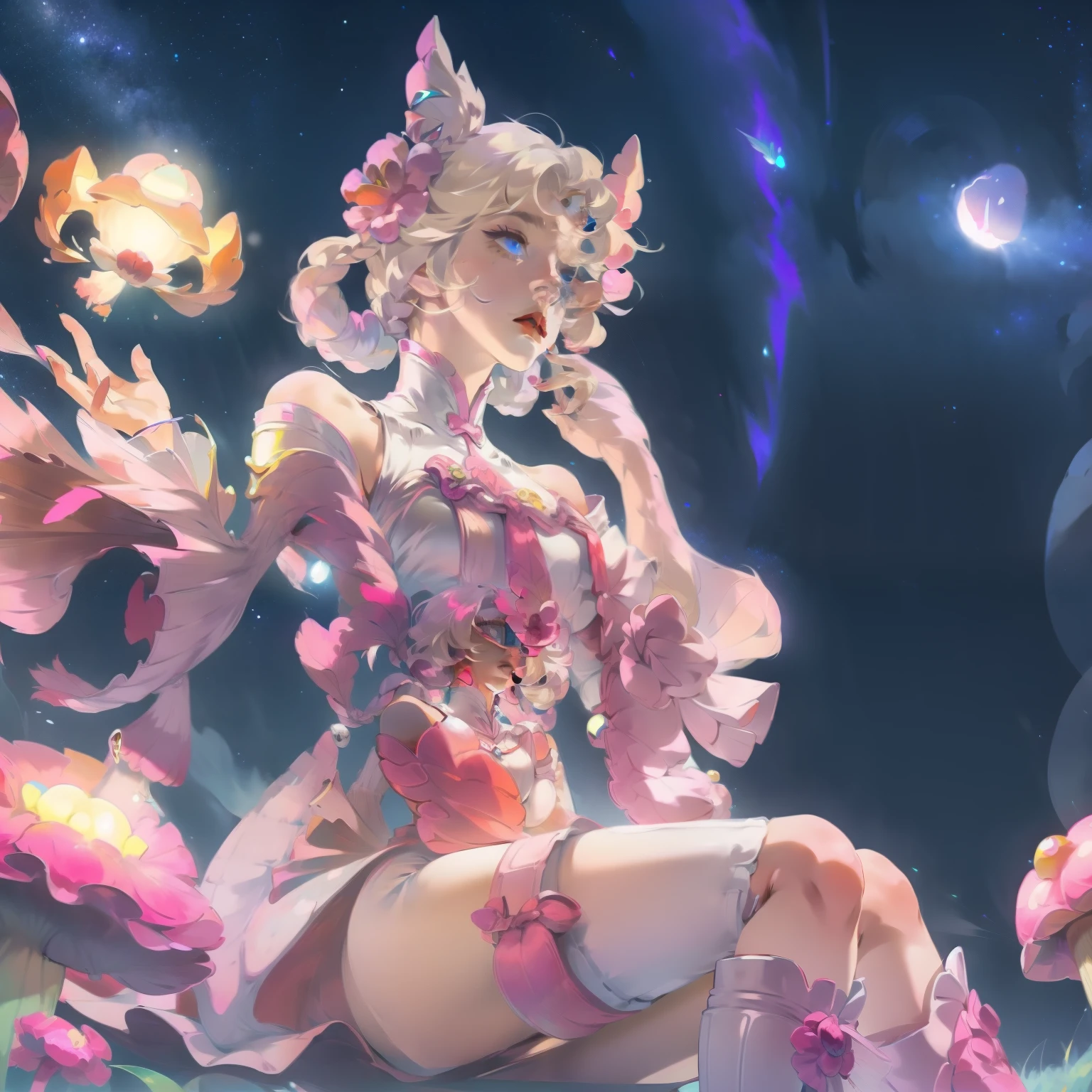 Anime girl with light blonde hair，With light blue eyes，Wearing a pink off-the-shoulder puff-sleeved dress and knee-high white boots，Sitting in the woods，Next to it is an orange mushroom，Surrounded by fireflies under the starry sky
