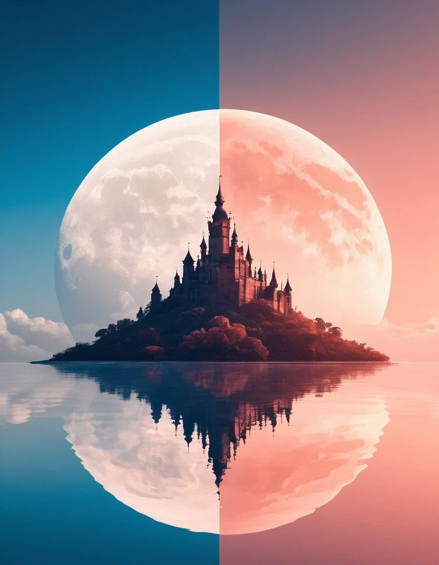 Dream Castle/Dream Castle，Minimalist composition blue moon，Many pink fairies are flying in the pink Dream Castle，Dream Castle and mirror reflections of trees and water，Surrealism，Clean background，cinema4d rendering style，High-resolution photography，Dreams，minimalist sculpture art installation