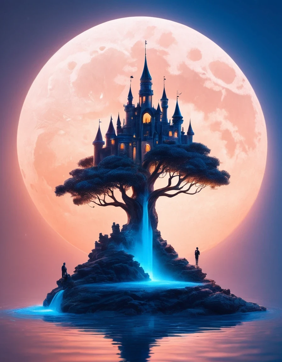 Dream Castle/Dream Castle，Minimalist composition blue moon，Fairy sitting in pink Dream Castle，Dream Castle and mirror reflections of trees and water，Surrealism，Clean background，cinema4d rendering style，High-resolution photography，Dreams，minimalist sculpture art installation
