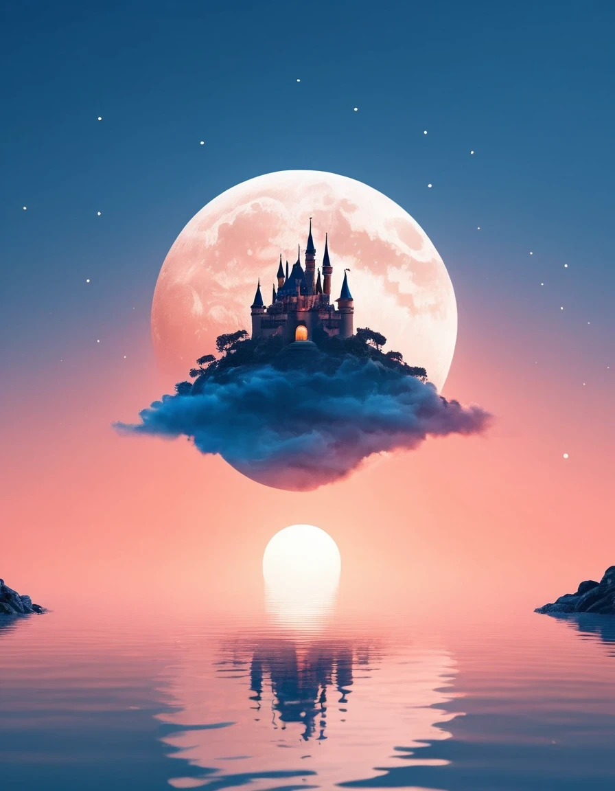 Dream Castle/Dream Castle，Minimalist composition blue moon，Fairy sitting in pink Dream Castle，Dream Castle and mirror reflections of trees and water，Surrealism，Clean background，cinema4d rendering style，High-resolution photography，Dreams，minimalist sculpture art installation
