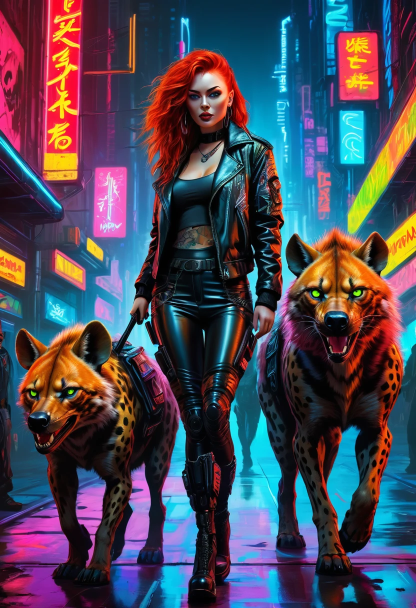 a beautiful red head rebellious cyberpunk woman with her gigantic fierce alpha female hyena, walking confidently in the middle of the neon lit cyberpunk Neo Metropolitan, wearing a leather jacket with glowing neon accents, an oil on canvas painting with highly influenced by Don Lawrence brush stroke style