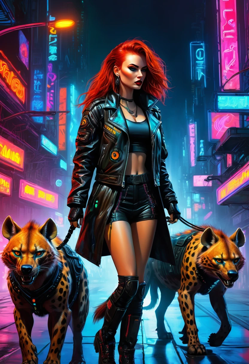 a beautiful red head rebellious cyberpunk woman with her gigantic fierce alpha female hyena, walking confidently in the middle of the neon lit cyberpunk Neo Metropolitan, wearing a leather jacket with glowing neon accents, an oil on canvas painting with highly influenced by Don Lawrence brush stroke style