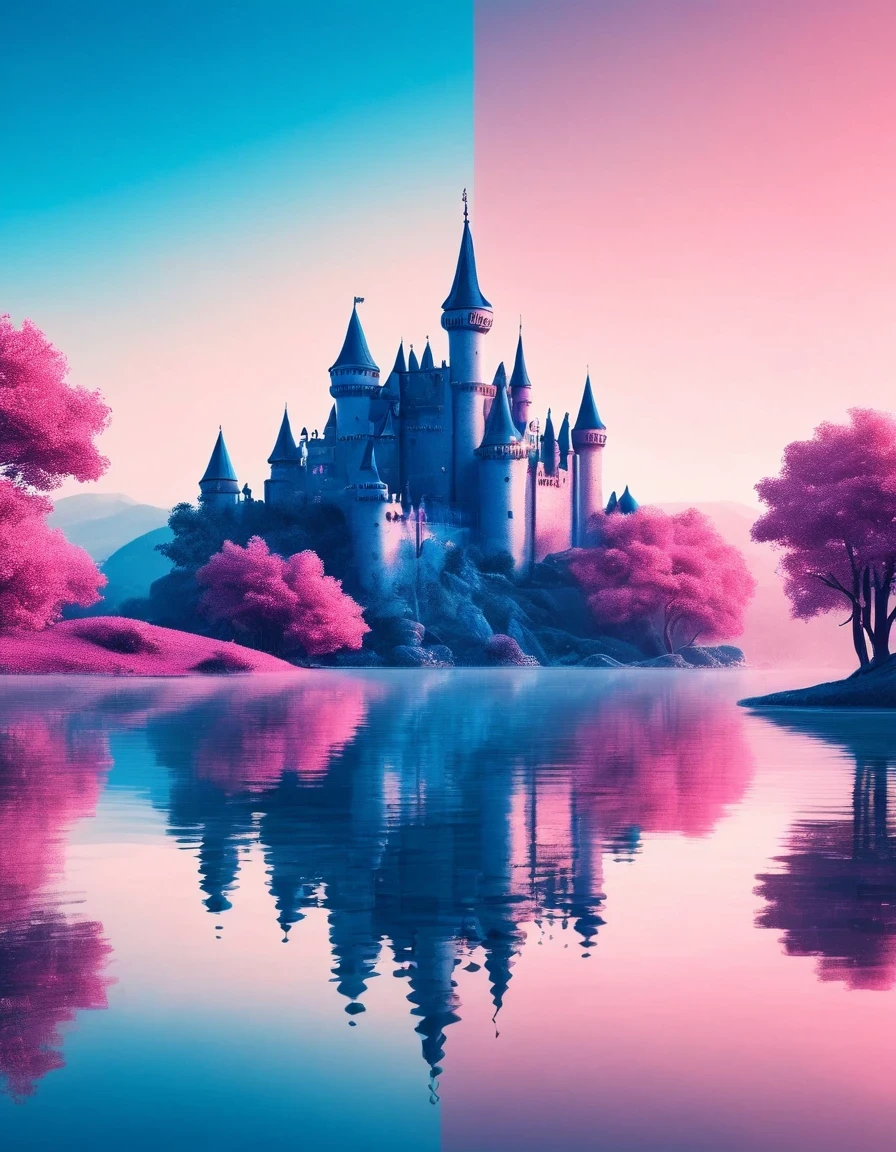 (dream castle),(minimalist composition),(blue and pink dream castle),(dream castle with trees and water reflection),(surrealistic),(clean background),(Cinema4D rendering style),(high-resolution photography),(dreamy),(minimalist sculpture art installation)