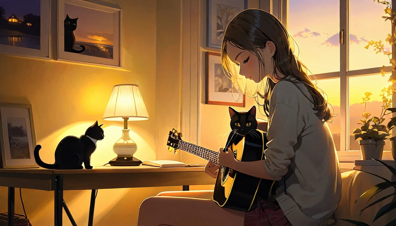 A dusk,
A girl sits in a cozy corner, guitar in tow.
The soft yellow light of a desk lamp illuminates her thoughtful expression, revealing deep concentration and a calm posture.
Her gentle gaze is comforting.
It adds to the quiet evening atmosphere, creating a peaceful and tranquil look,with cat.