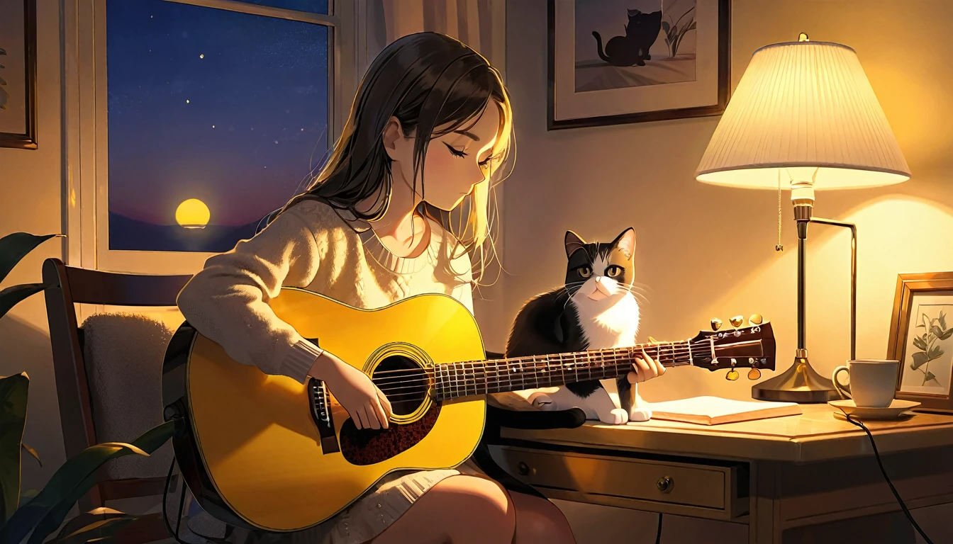 A dusk,
A girl sits in a cozy corner, guitar in tow.
The soft yellow light of a desk lamp illuminates her thoughtful expression, revealing deep concentration and a calm posture.
Her gentle gaze is comforting.
It adds to the quiet evening atmosphere, creating a peaceful and tranquil look,with cat.