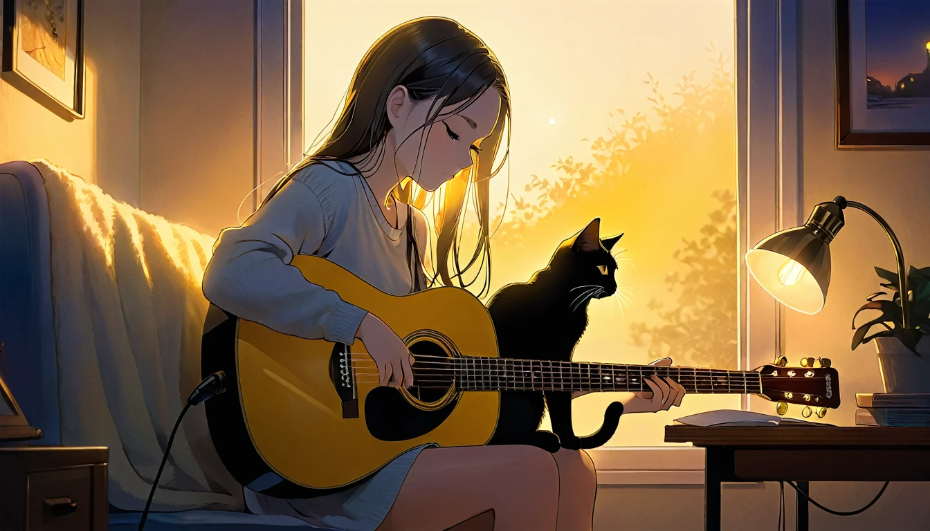 A dusk,
A girl sits in a cozy corner, guitar in tow.
The soft yellow light of a desk lamp illuminates her thoughtful expression, revealing deep concentration and a calm posture.
Her gentle gaze is comforting.
It adds to the quiet evening atmosphere, creating a peaceful and tranquil look,with cat.
