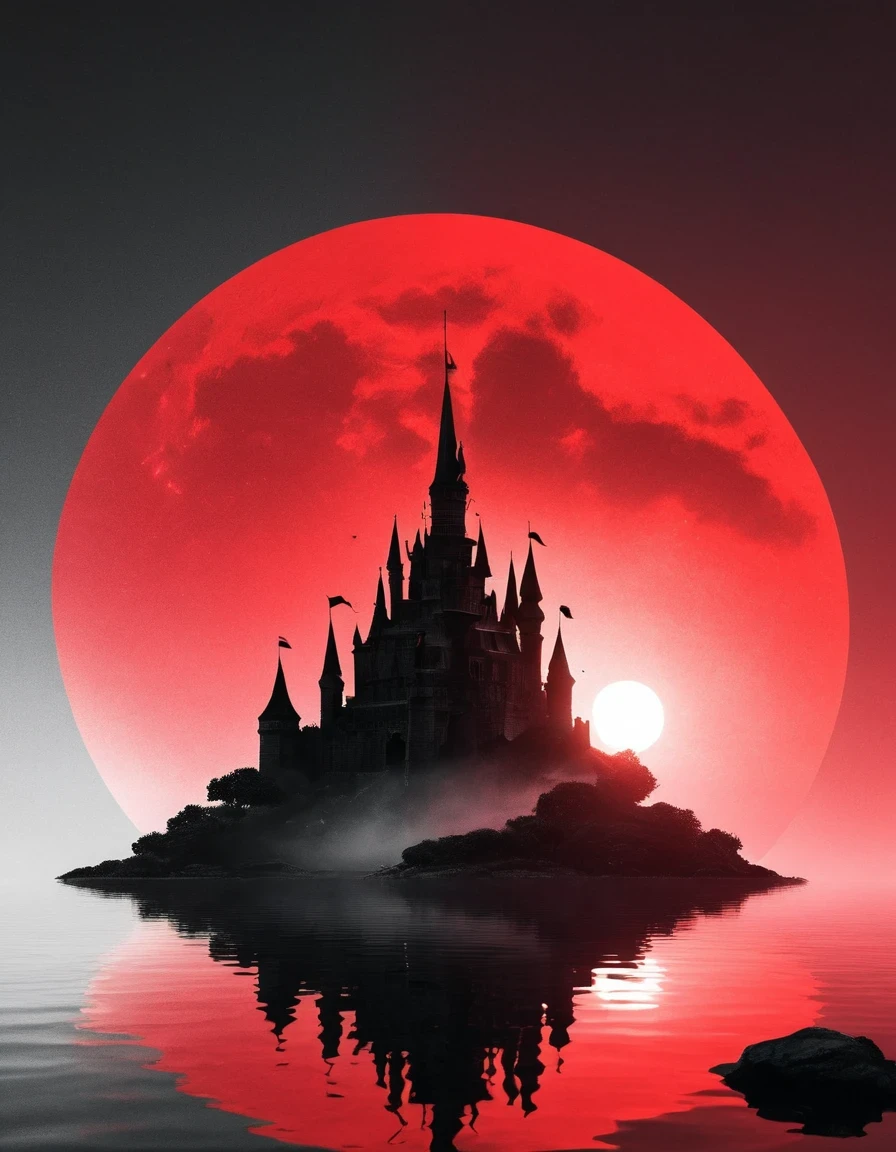 Dream Castle/Dream Castle，Minimalist composition red sun，Black man sitting in Dream Castle，Dream Castle and mirror reflections of trees and water，Surrealism，Clean background，cinema4d rendering style，High-resolution photography，Dreams，minimalist sculpture art installation
