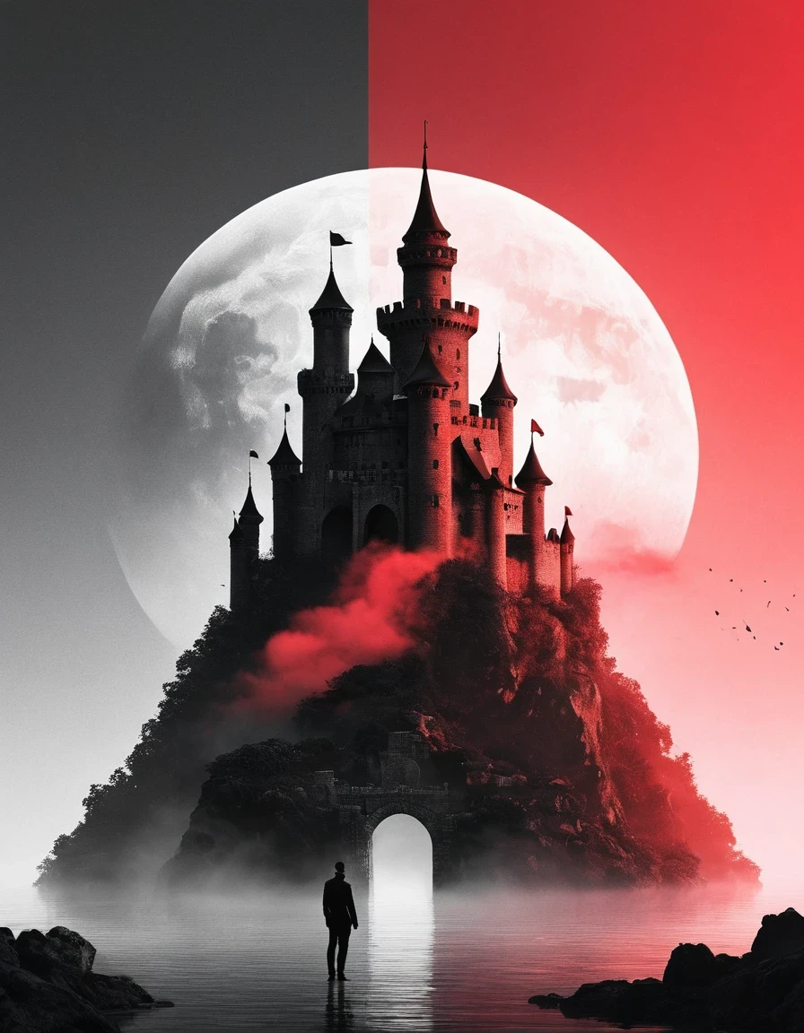 Dream Castle/Dream Castle，Minimalist composition red sun，Black man sitting in Dream Castle，Dream Castle and mirror reflections of trees and water，Surrealism，Clean background，cinema4d rendering style，High-resolution photography，Dreams，minimalist sculpture art installation
