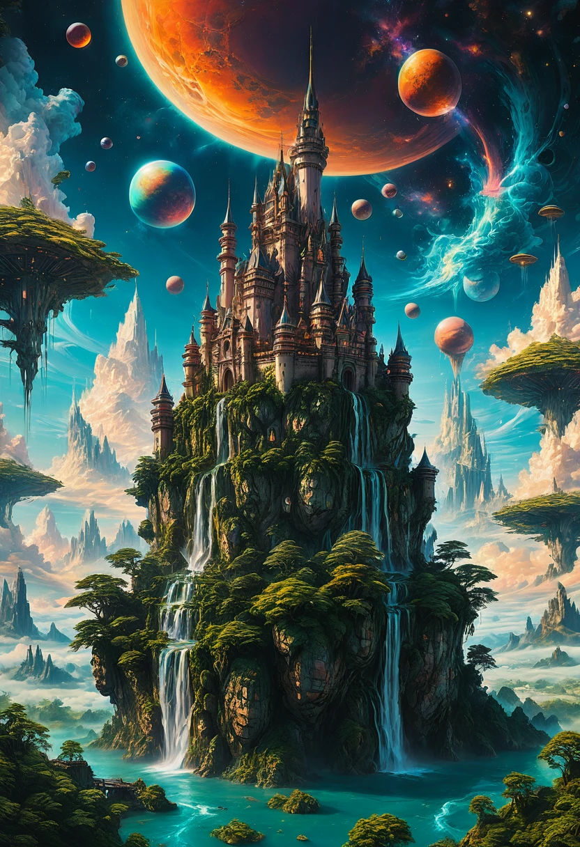 Dream Castle, aesthetic, Masterpiece, a painting of a futuristic Dream Castle in the sky with planets, in fantasy sci - fi Dream Castle, floating Dream Castle in the sky, stylized urban fantasy artwork, floating Dream City on clouds, fantasy cityscape, epic fantasy sci fi illustration, flying cloud castle, palace floating in the sky, fantasy highly detailed, fantasy space, 4k highly detailed digital art, fantasy planet, planetary Dream Castle, concept art inspired by Mike "Beeple" Winkelmann, cg society contest winner, fantasy art