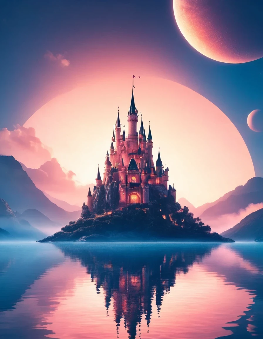 Dream Castle，Dream Castle，Minimalist composition，Blue Pink Dream Castle，Dream Castle and mirror reflections of trees and water，Surrealism，Clean background，cinema4d rendering style，High-resolution photography，Dreams，minimalist sculpture art installation
