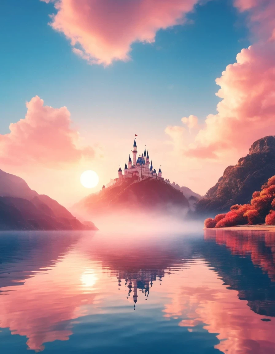 Dream Castle，Dream Castle，Minimalist composition，Blue Pink Dream Castle，Dream Castle and mirror reflections of trees and water，Surrealism，Clean background，cinema4d rendering style，High-resolution photography，Dreams，minimalist sculpture art installation
