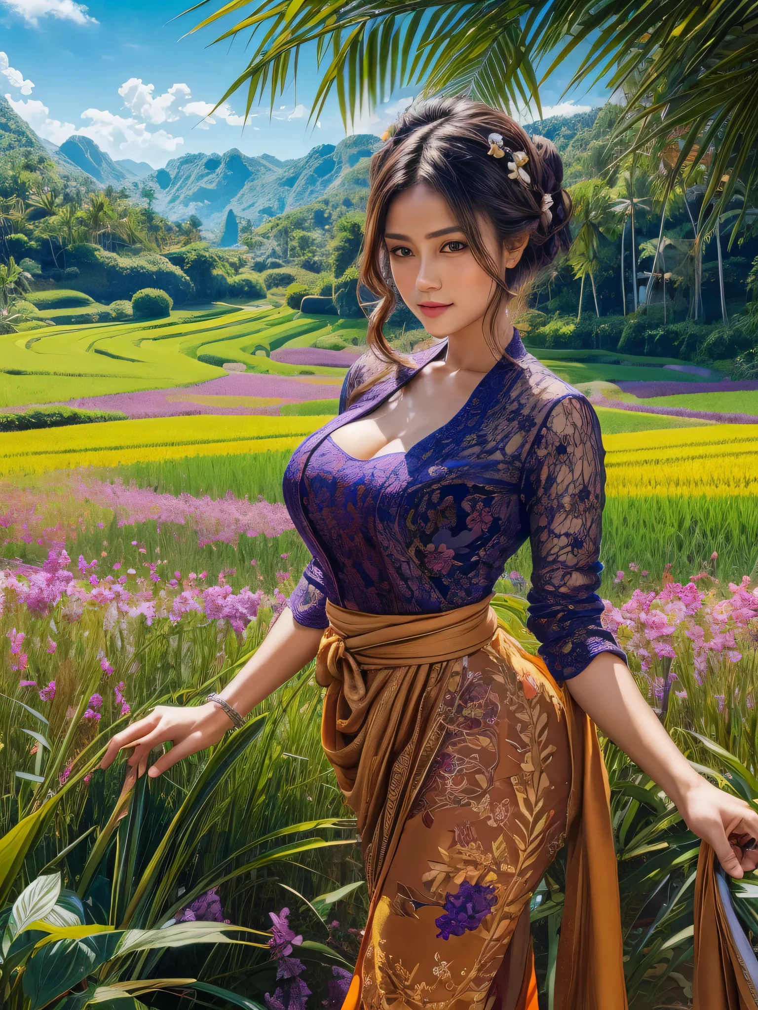 Gorgeous busty alluring curvy seducing Dutch-Sundanese peasant woman donning a semi transparent mediocre tight and thin kebaya dress and tight batik long skirt, simple messy bun hairdo with small beautiful flowers in her hair, perfect eyes, perfect face, insanely detailed and intricate terraced rice field background with bamboo forest and coconut plantation in a far distance, a vibrant beautiful flower bush in foreground, oil on canvas painting, realistic style, heavily influenced by Don Lawrence photorealistic brush stroke style