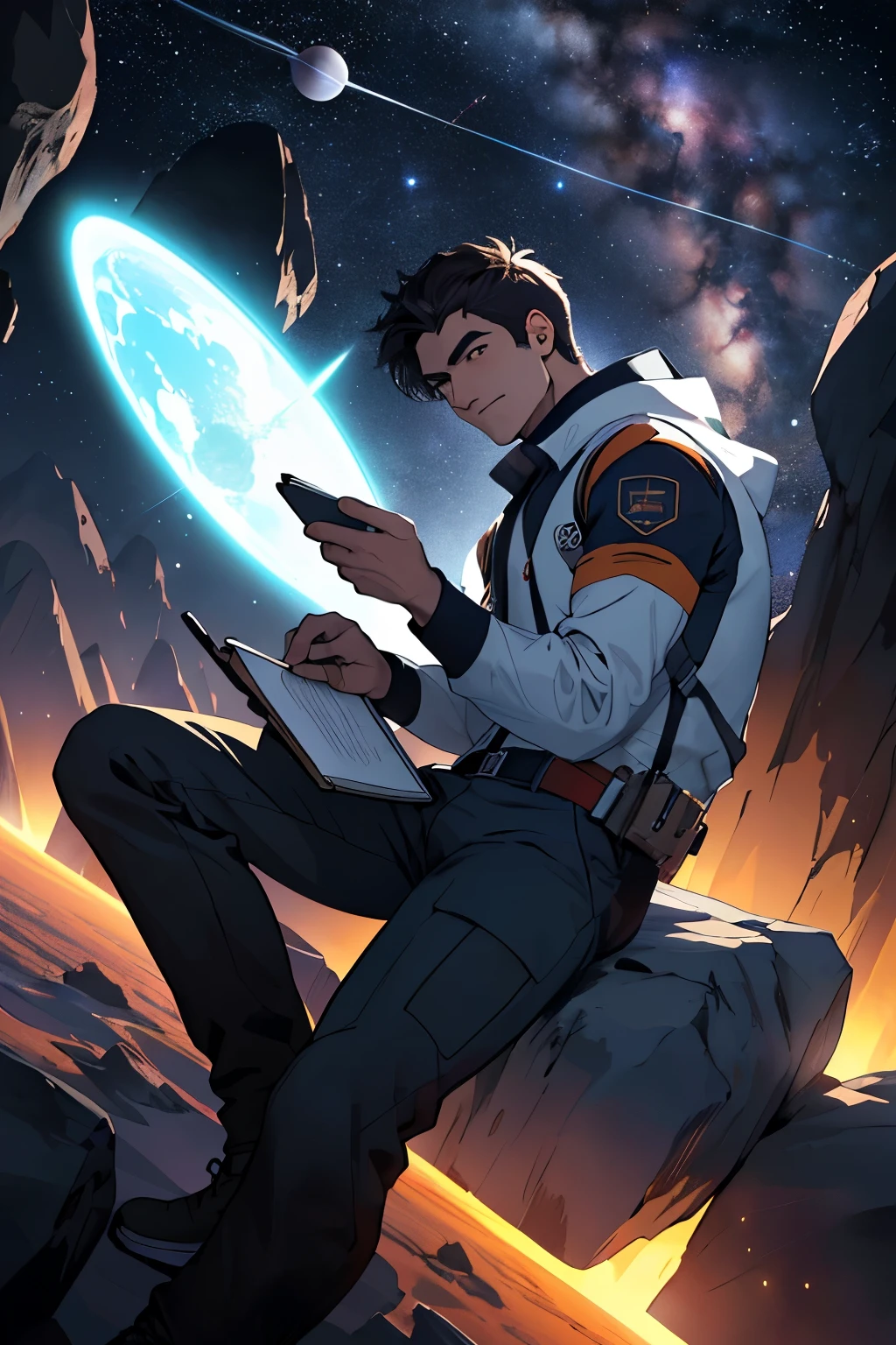 Dibuja un joven programador., sitting on a research platform floating in the middle of an asteroid belt. He is studying with a notebook., rodeado por varios asteroides que brillan con auras de fuego. Spectacular illumination of distant stars and planets illuminates the scene., proyectando sombras profundas sobre el traje. El joven parece confiado y decidido., mirando el vasto y misterioso universo con asombro y respeto,vello facial, tiro de vaquero,