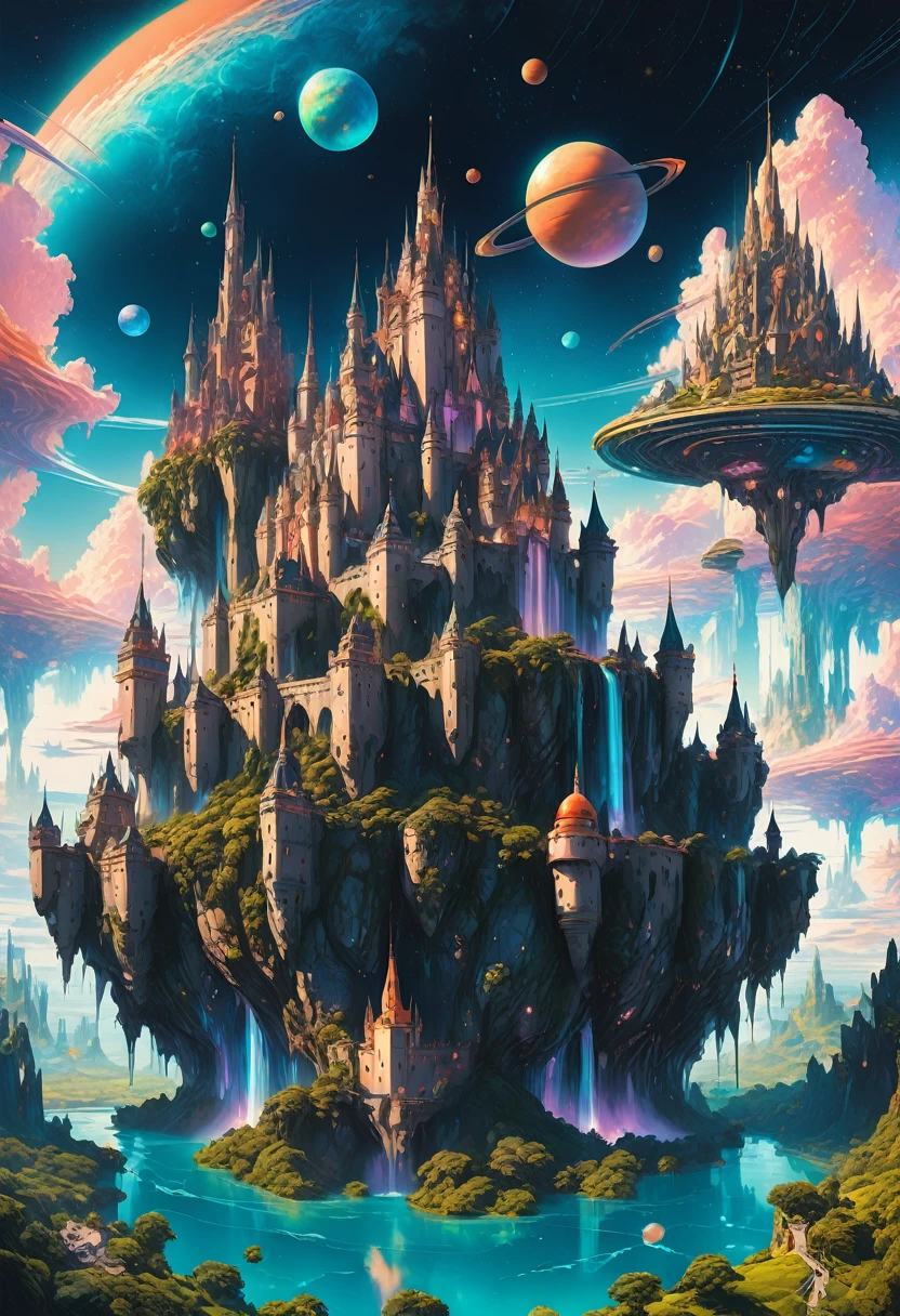 Dream Castle, aesthetic, Masterpiece, a painting of a futuristic Dream Castle in the sky with planets, in fantasy sci - fi Dream Castle, floating Dream Castle in the sky, stylized urban fantasy artwork, floating Dream City on clouds, fantasy cityscape, epic fantasy sci fi illustration, flying cloud castle, palace floating in the sky, fantasy highly detailed, fantasy space, 4k highly detailed digital art, fantasy planet, planetary Dream Castle, concept art inspired by Mike "Beeple" Winkelmann, cg society contest winner, fantasy art
