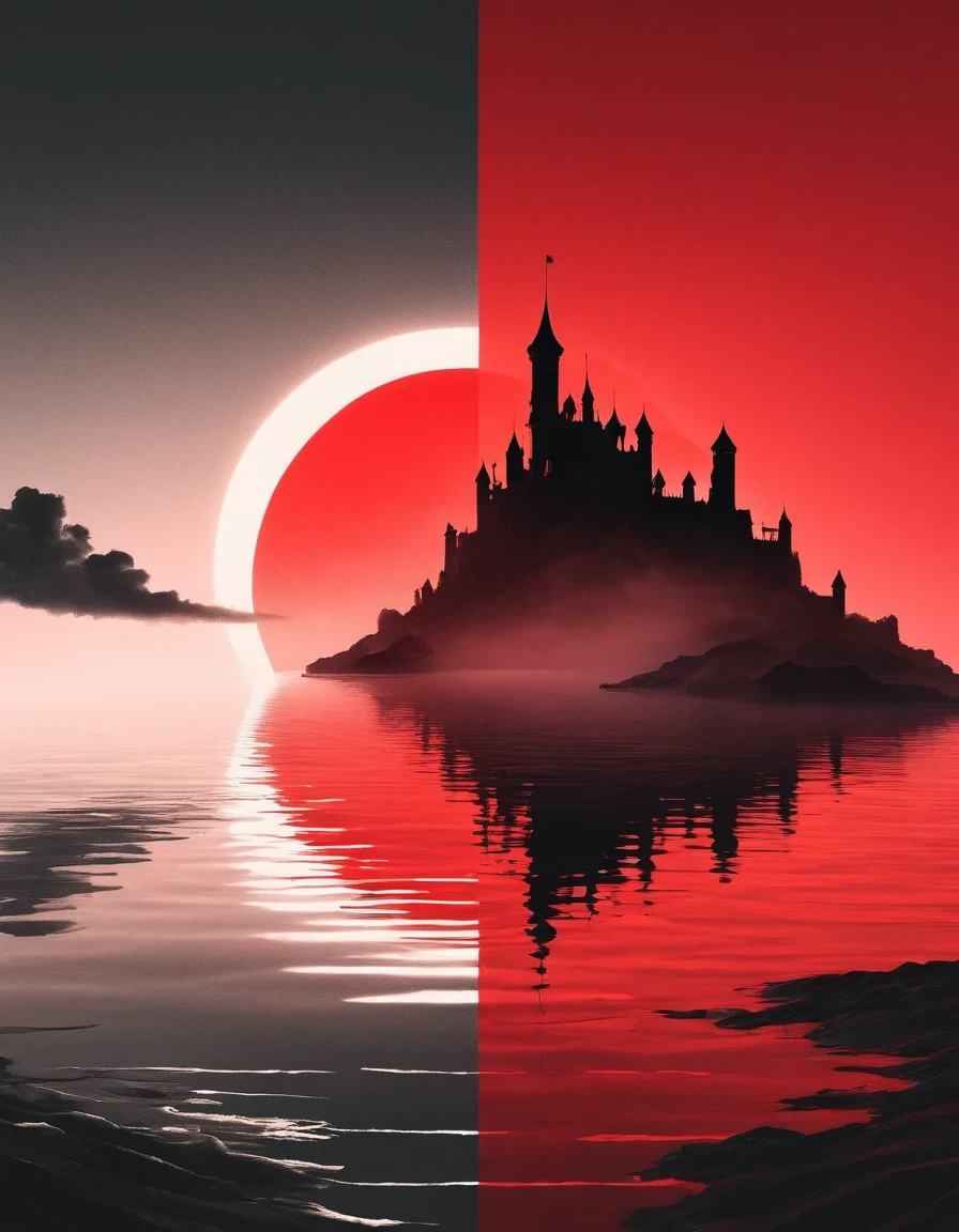 Dream Castle/Dream Castle，Minimalist composition red sun，Black man sitting in Dream Castle，Dream Castle and mirror reflections of trees and water，Surrealism，Clean background，cinema4d rendering style，High-resolution photography，Dreams，minimalist sculpture art installation
