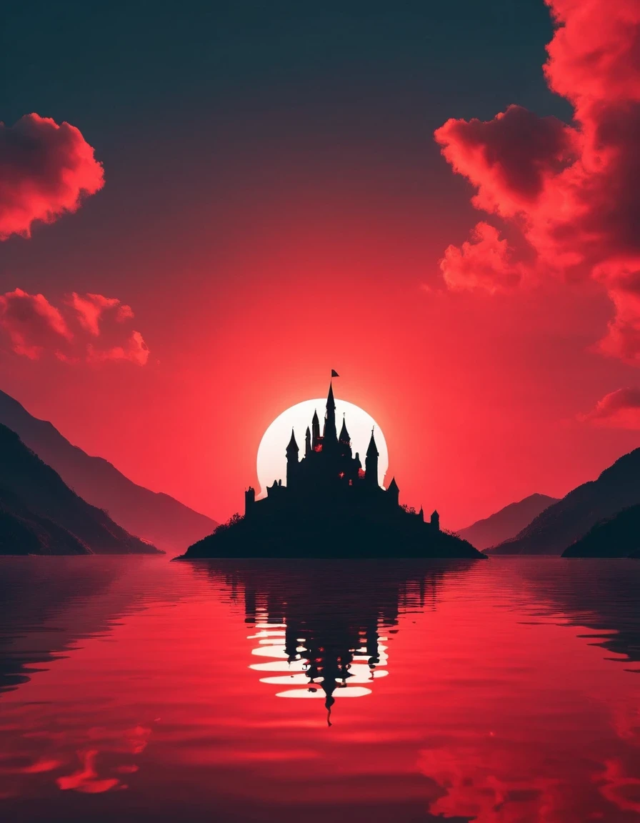 Dream Castle/Dream Castle，Minimalist composition red sun，Black man sitting in Dream Castle，Dream Castle and mirror reflections of trees and water，Surrealism，Clean background，cinema4d rendering style，High-resolution photography，Dreams，minimalist sculpture art installation
