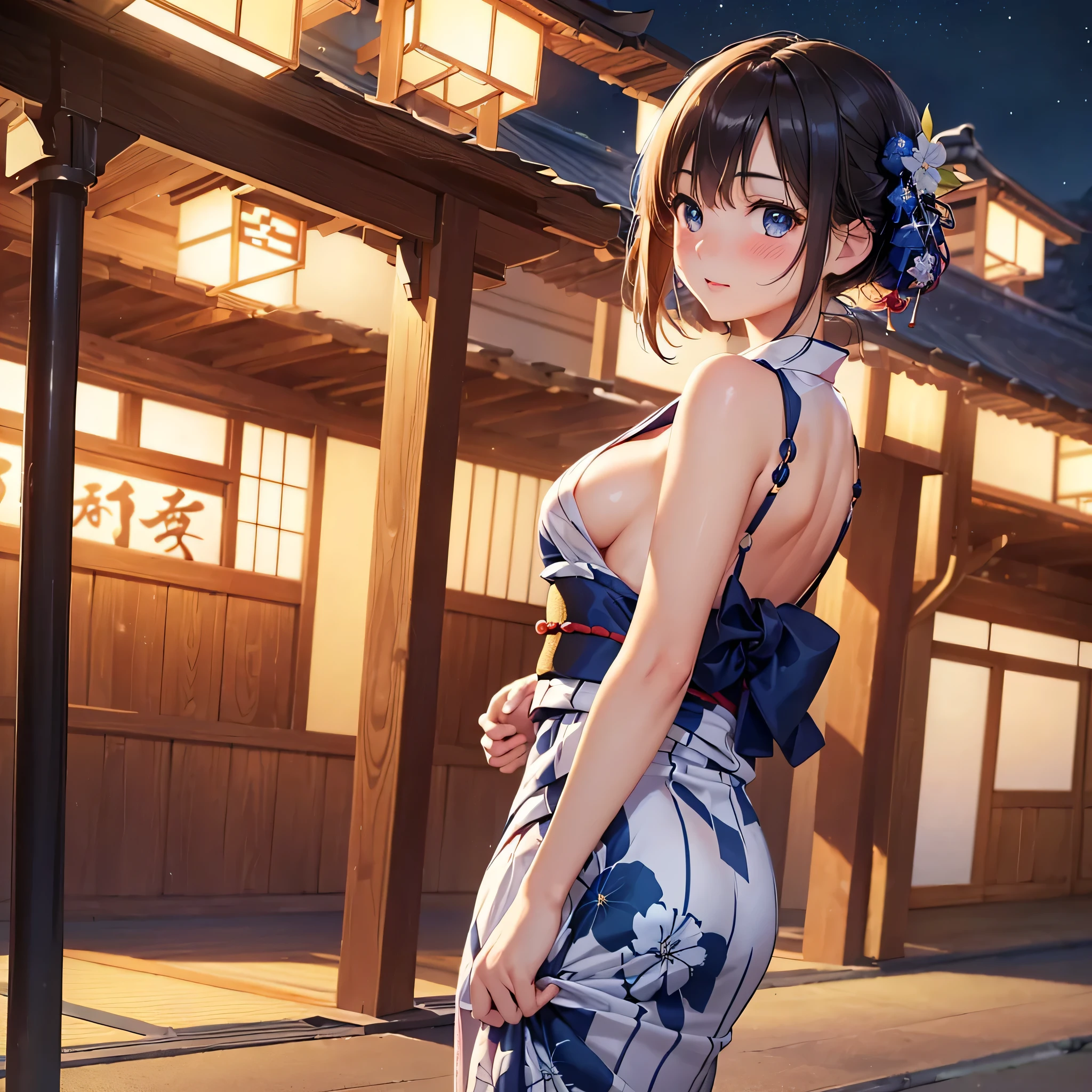 (masterpiece:2.0), (highest quality:2.0), (standing:1.5), (extremely mini yukata:1.5), (super thin fabric:1.5), (super sexy pose:1.5), (look up from below:1.5), (perfectly exposed shoulders:1.5), (perfectly exposed nape:1.5), (blushing face:1.5), (cover your chest with your hands:1.5), (spilling boobs:1.5), (realistic:1.5), 1 very cute girl, precise small hands, You look embarrassed when you look at me, light smile, innocent face, young face, clear eyes, shining eyes, small breasts, cleavage of the breast is visible, no pubic hair, dynamic posing, beautiful skins, ultra-definition, Top resolution, Japanese high school student, golden hair, at the night festival