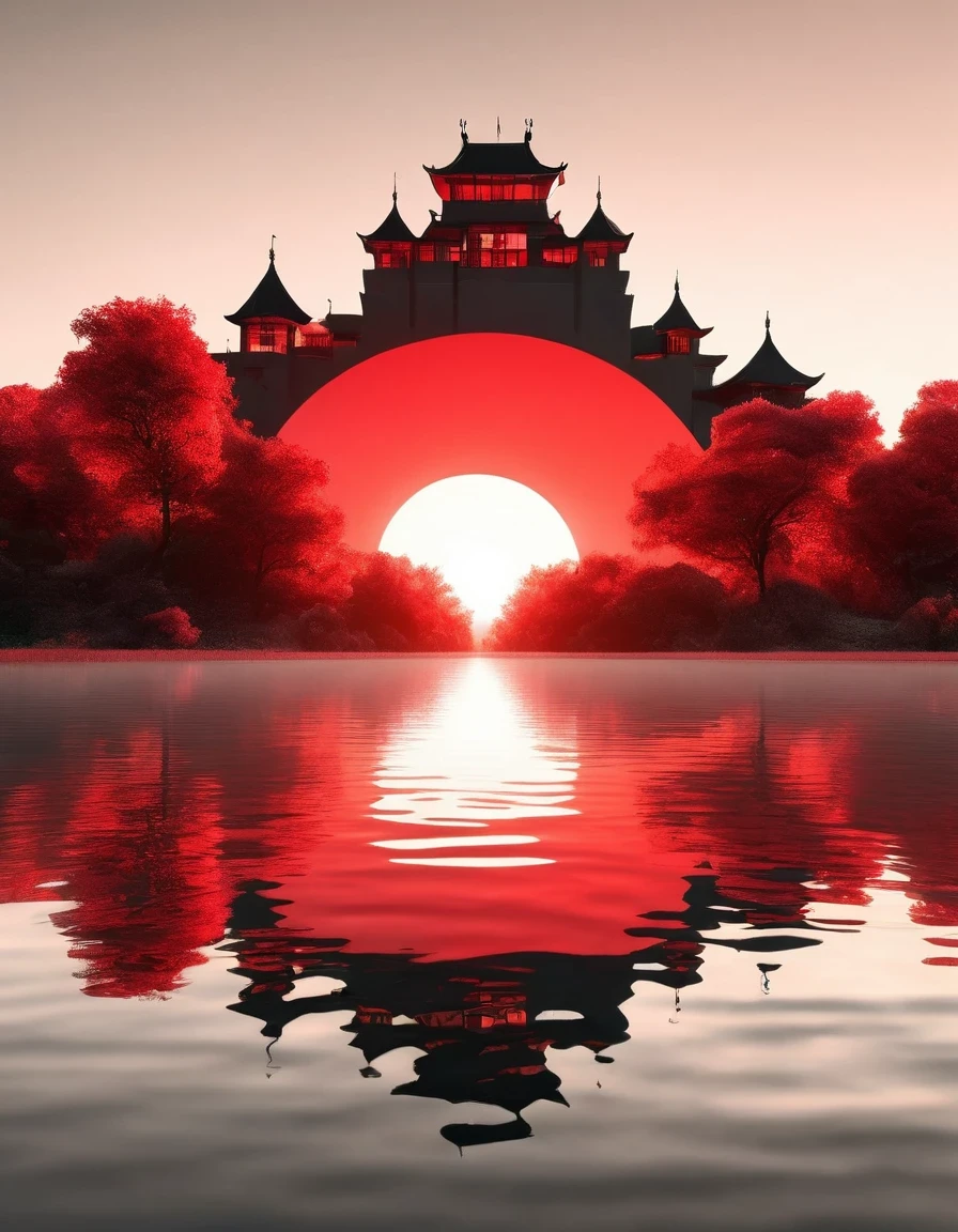 Dream Castle/Dream Castle，Minimalist composition red sun，Black man sitting in Dream Castle，Mirror reflection of trees and water，Surrealism，Clean background，cinema4d rendering style，High-resolution photography，Dreams，minimalist sculpture art installation
