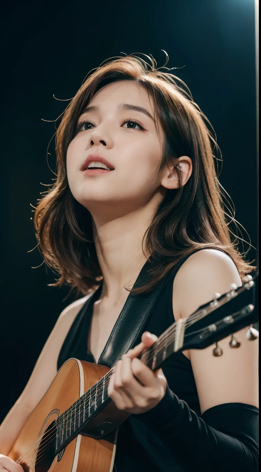 So cute like an idol,One Girl, Portraiture, Completely naked,guitar, Full body portrait,Natural light, Accurate, Anatomically correct, Textured skin, front lighting, f/1.0mm, fujifilm G FX 50R, Regina Display, Super Detail, 細部まinこだわった, high quality, 最high quality, High resolution, Hmph, 1080p, hard disk, 4K, 8k, Wavy Hair, guitarヒロイン, Let's Rock, Solo singer,(look up_in_Audience:1.2),