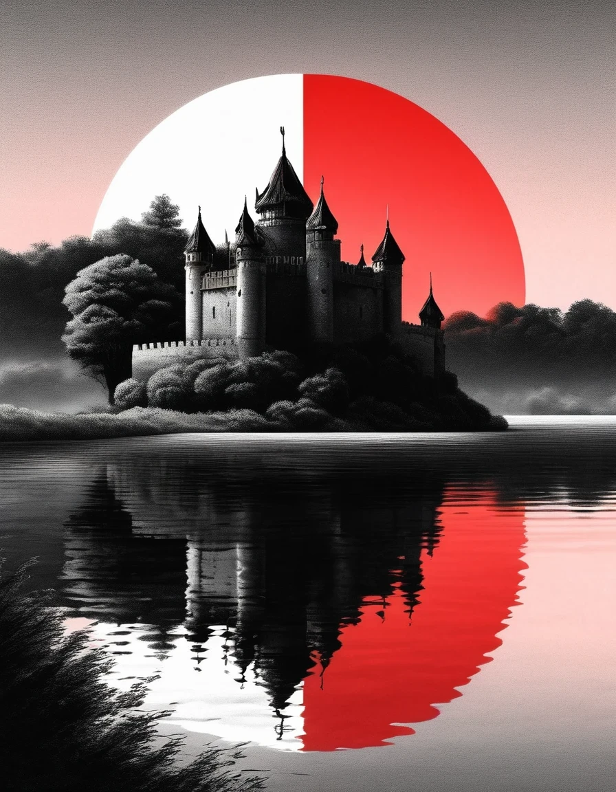 Dream Castle/Dream Castle，Minimalist composition red sun，Black man sitting in Dream Castle，Mirror reflection of trees and water，Surrealism，Clean background，cinema4d rendering style，High-resolution photography，Dreams，minimalist sculpture art installation
