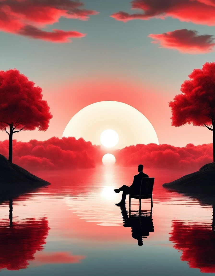 Dream Castle/Dream Castle，Minimalist composition red sun，Black man sitting on it，Mirror reflection of trees and water，Surrealism，Clean background，cinema4d rendering style，High-resolution photography，Dreams，minimalist sculpture art installation
