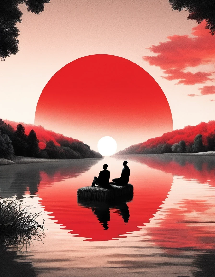 Dream Castle/Dream Castle，Minimalist composition red sun，Black man sitting on it，Mirror reflection of trees and water，Surrealism，Clean background，cinema4d rendering style，High-resolution photography，Dreams，minimalist sculpture art installation
