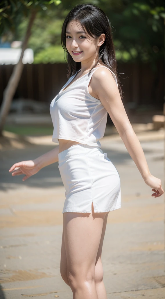 (Official Art、highest quality、Unity 8K Wallpaper、32k、masterpiece、Ultra-detailed、超A high resolution、Realistic、Photorealistic:1.2)、(Natural soft light:1.2)、Fire Glow Effect、Film Grain、Best Shadow、Rim lighting、Side light、Side Shot、(Highly detailed and complex 3D rendering)、詳細なBeautiful Faceと目、Sharp pupils、Realistic生徒、Full Body, Sandy Beach、Beautiful Face、Blurred Background、18 year old beautiful girl、Glowing Skin、Beautiful wet black hair、I pulled up my wet shirt、White wet check mini skirt、(Thighs Thighs Thighs:0.9)、barefoot、curve、Dynamic pose、Open mouth smile、Two Girls、Are standing、、((Big body、fat))、smile、dancing